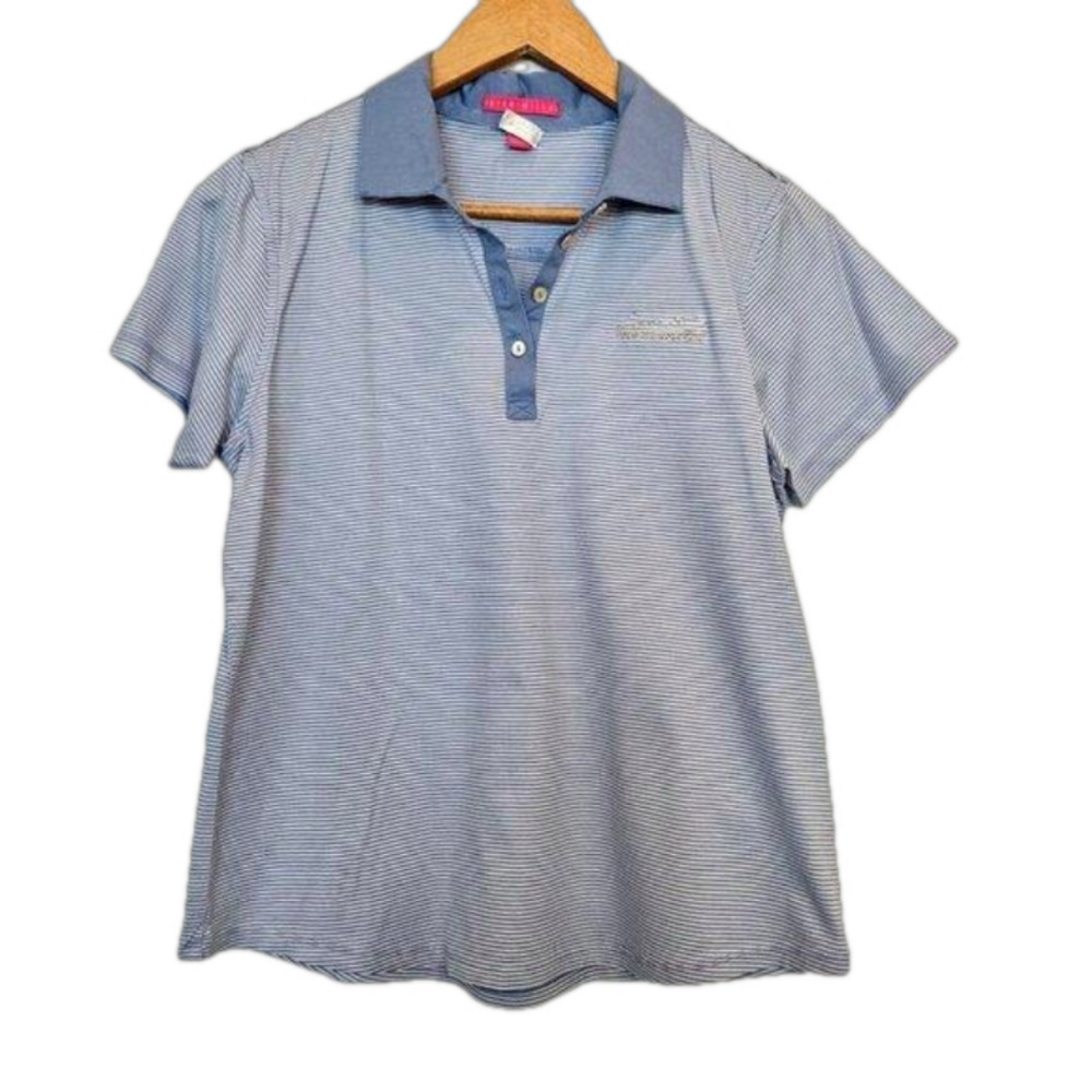 Peter Millar Blue Stripe Cotton Short‎ Sleeve Polo, Logo chest, Size Medium